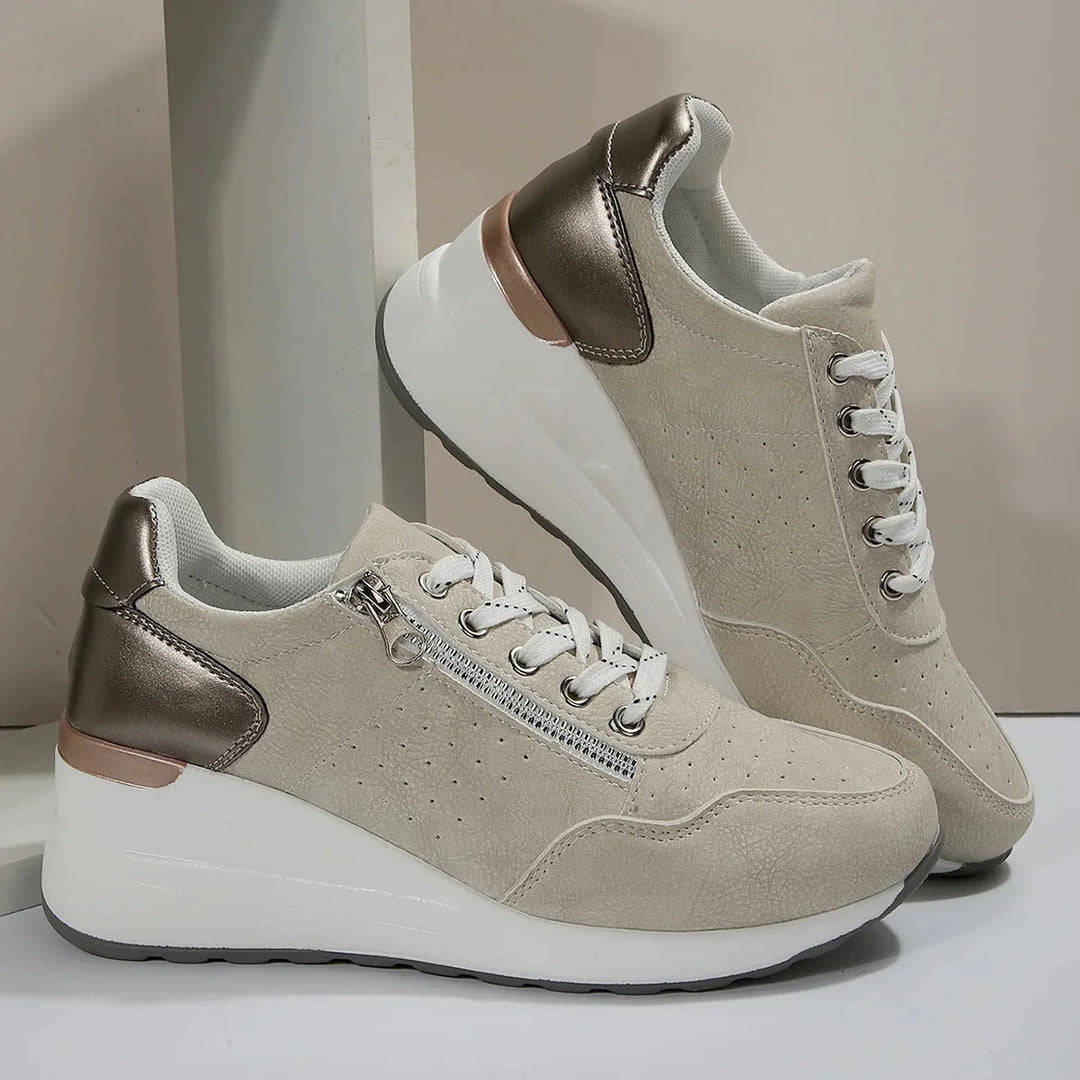 Khaki Women's Orthopedic Walking Shoes — Melody Cushioned Lace-Up Wedge - Studio Pair Display