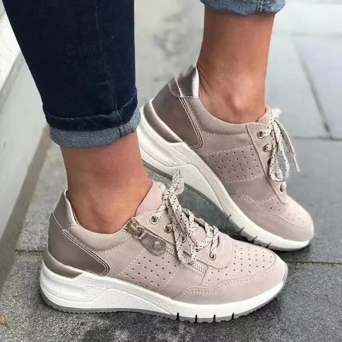 Khaki Women's Orthopedic Walking Shoes — Melody Cushioned Lace-Up Wedge - Worn Detail Pose