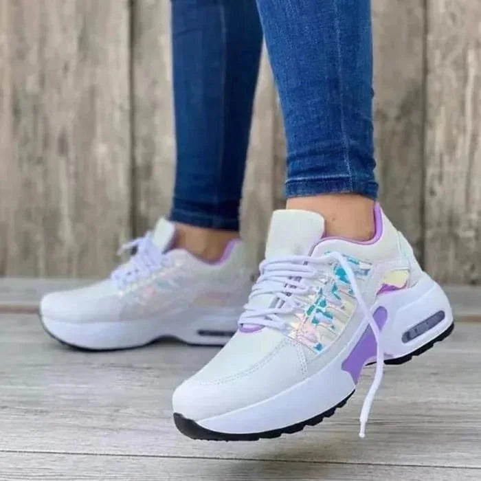 Multicolor Women's Orthopedic Walking Sneakers — Livia Cushioned Lace-Up Platform - Iridescent Side Pose