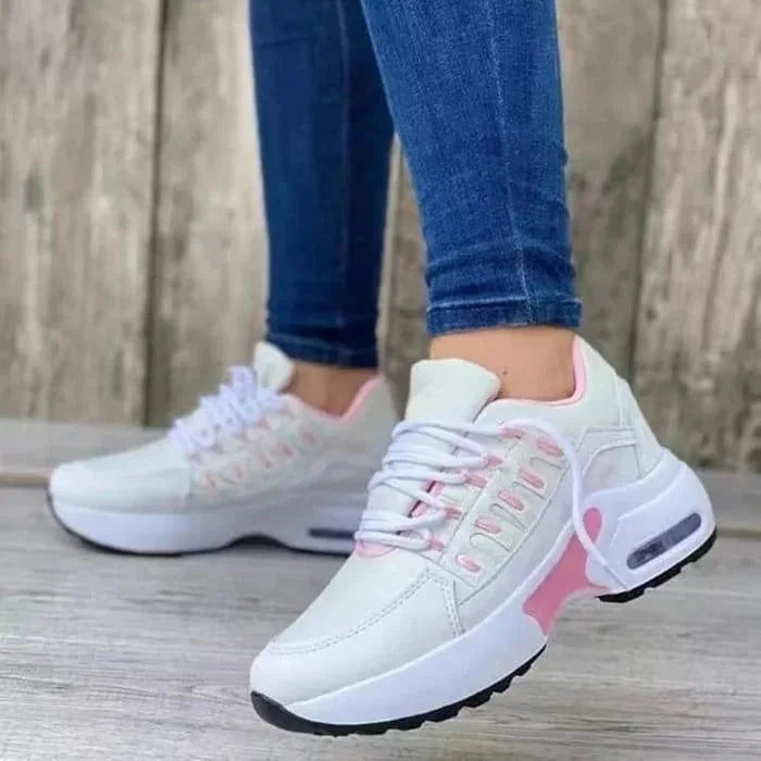 Pink Women's Orthopedic Walking Sneakers — Livia Cushioned Lace-Up Platform - Front Lace Detail