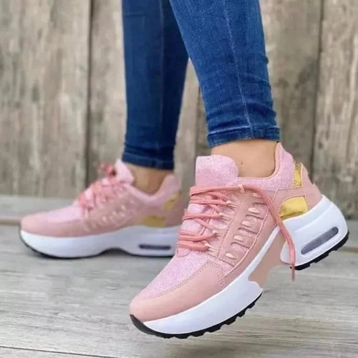 Pink Women's Orthopedic Walking Sneakers — Livia Cushioned Lace-Up Platform - Side Step Outdoor