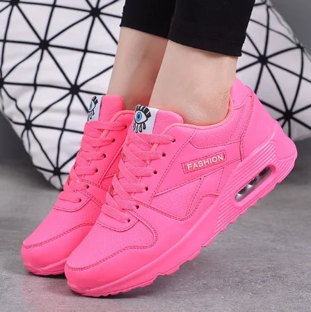 Pink Women's Orthopedic Walking Sneakers — Clementine Cushioned Lace-Up Athletic - Side Worn Pose