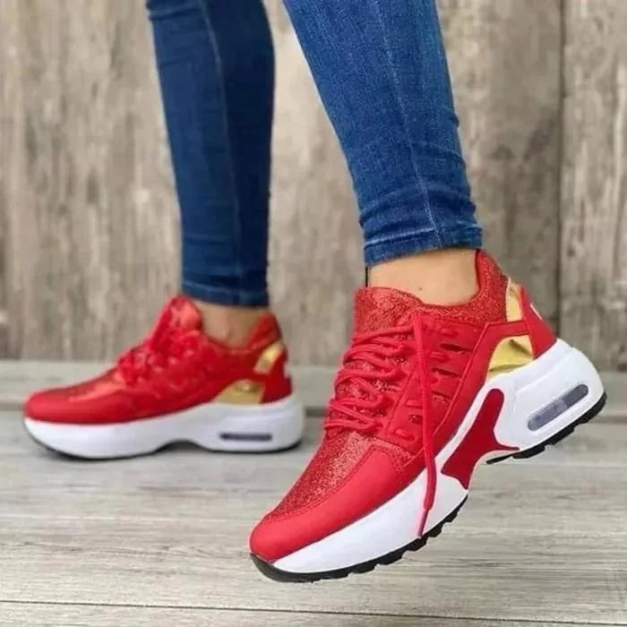 Red Women's Orthopedic Walking Sneakers — Livia Cushioned Lace-Up Platform - Walking Motion
