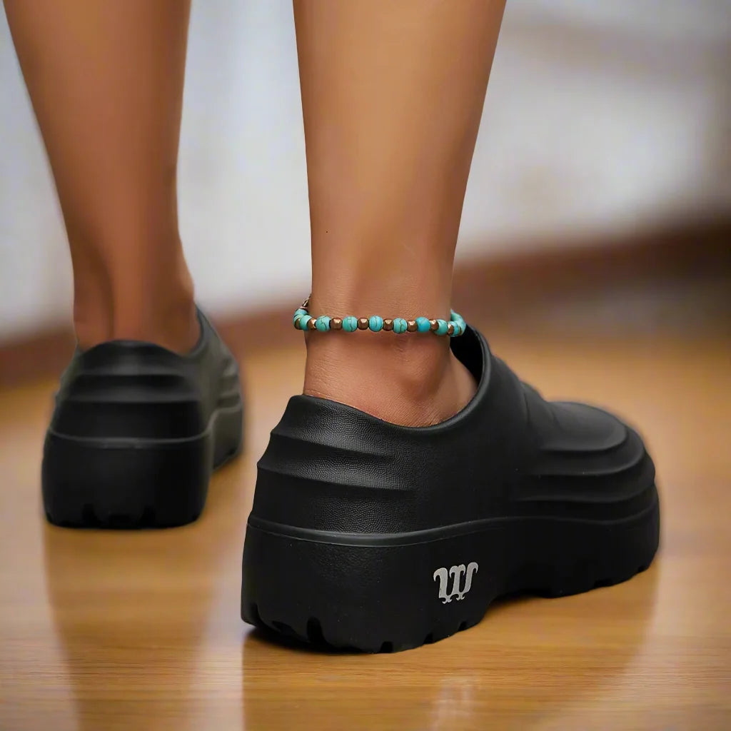 Black Unisex Platform Orthopedic Waterproof Clogs — Edie Slip-On Non-Slip Cushioned - Back Detail Wood