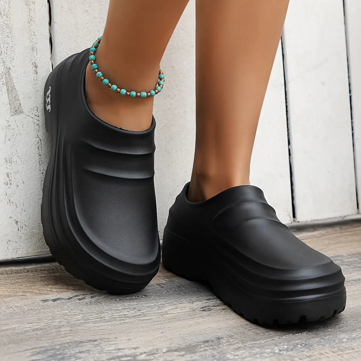 Black Unisex Platform Orthopedic Waterproof Clogs — Edie Slip-On Non-Slip Cushioned - Close Up Worn