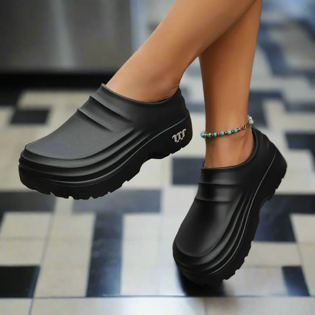 Black Unisex Platform Orthopedic Waterproof Clogs — Edie Slip-On Non-Slip Cushioned - Model Walking Tile