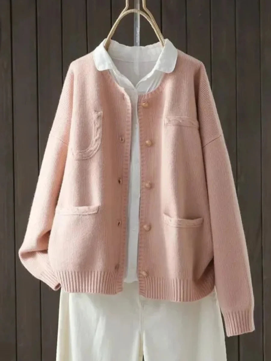 Pink Women's Button-Front Knit Cardigan — Sonia Pocket Detail Oversized - Front Worn