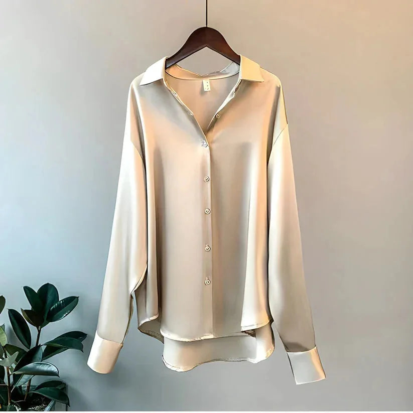 Beige Women's Satin Silk Shirt Blouse — Eleanor Button-Front Oversized Drop-Shoulder - Hanging Front Flat