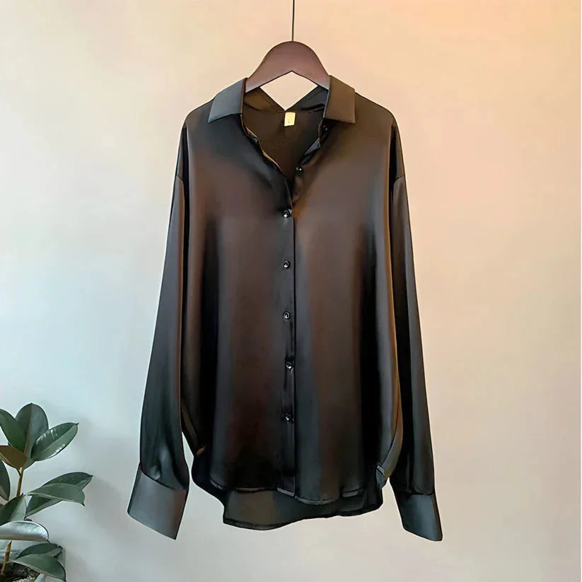 Black Women's Satin Silk Shirt Blouse — Eleanor Button-Front Oversized Drop-Shoulder - Hanging Sheer Detail