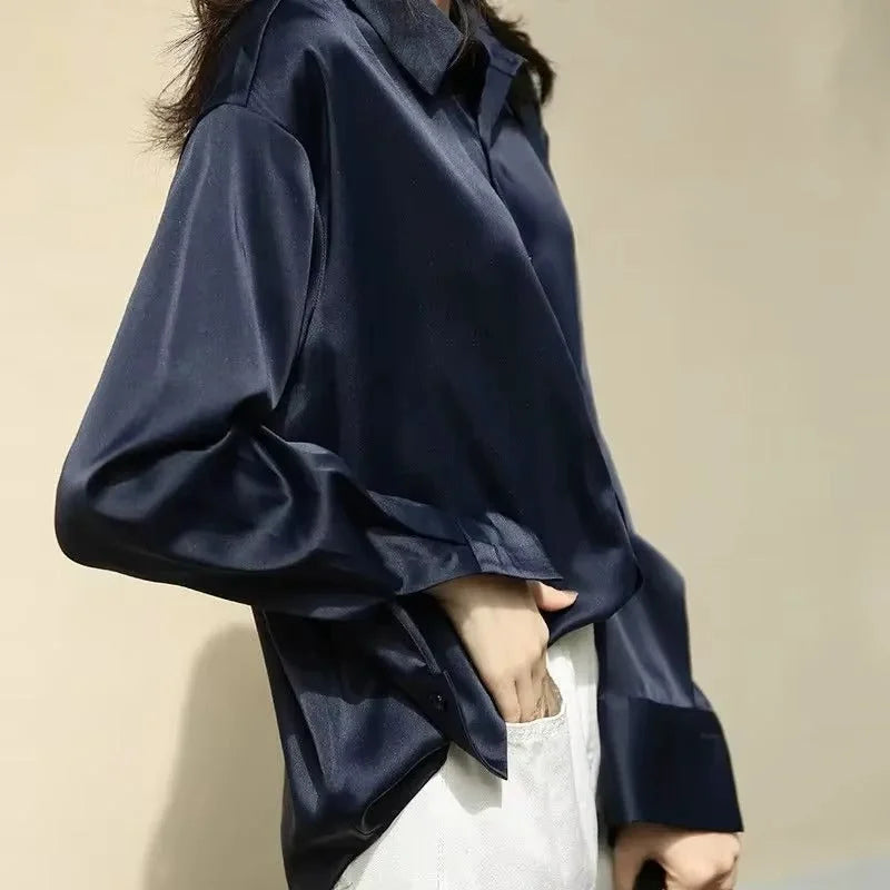 Black Women's Satin Silk Shirt Blouse — Eleanor Button-Front Oversized Drop-Shoulder - Worn Side Profile