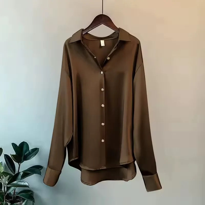 Brown Women's Satin Silk Shirt Blouse — Eleanor Button-Front Oversized Drop-Shoulder - Hanging Studio