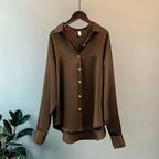 Brown Women's Satin Silk Shirt Blouse — Eleanor Button-Front Oversized Drop-Shoulder - Hanging Studio
