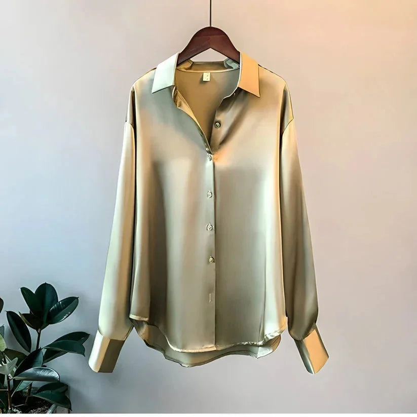 Green Women's Satin Silk Shirt Blouse — Eleanor Button-Front Oversized Drop-Shoulder - Hanging Gold Sheen