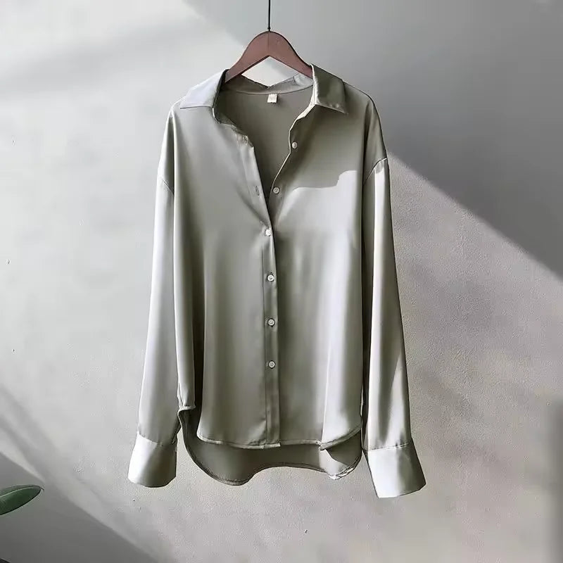 Green Women's Satin Silk Shirt Blouse — Eleanor Button-Front Oversized Drop-Shoulder - Hanging Shadow