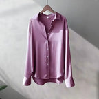 Purple Women's Satin Silk Shirt Blouse — Eleanor Button-Front Oversized Drop-Shoulder - Hanging Shadow
