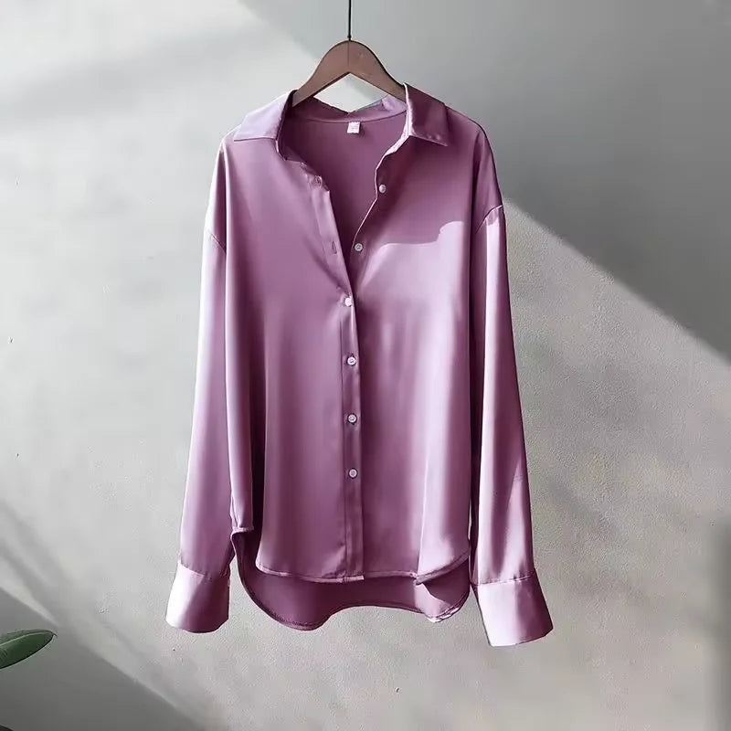 Purple Women's Satin Silk Shirt Blouse — Eleanor Button-Front Oversized Drop-Shoulder - Hanging Shadow