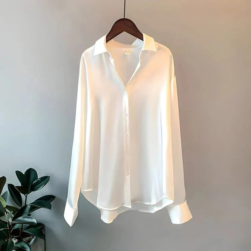 White Women's Satin Silk Shirt Blouse — Eleanor Button-Front Oversized Drop-Shoulder - Hanging Studio