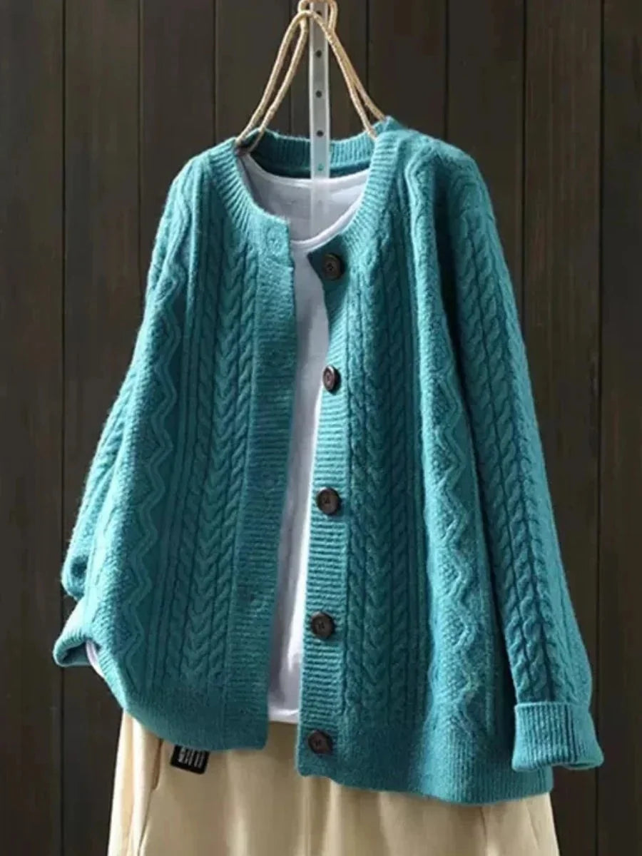 Blue Women's Oversized Cable-Knit Cardigan — Ramona Chunky Knit Button-Front - Front Closeup