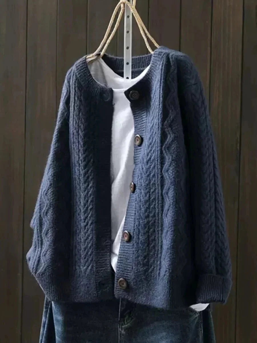 Navy Blue Women's Oversized Cable-Knit Cardigan — Ramona Chunky Knit Button-Front - Front Draped