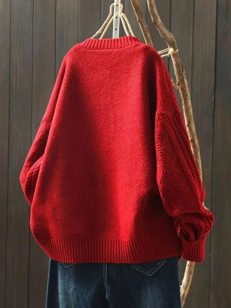 Red Women's Oversized Cable-Knit Cardigan — Ramona Chunky Knit Button-Front - Back Full