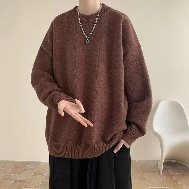 Brown Women's Oversized Sweater with Crew Neckline & Ribbed Cuffs