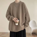 Light Brown Women's Oversized Sweater with Crew Neckline & Ribbed Cuffs - Front Worn Holding Coffee