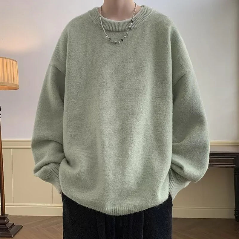 Olive Green Women's Oversized Sweater with Crew Neckline & Ribbed Cuffs - Front Worn Lifestyle Lamp Side