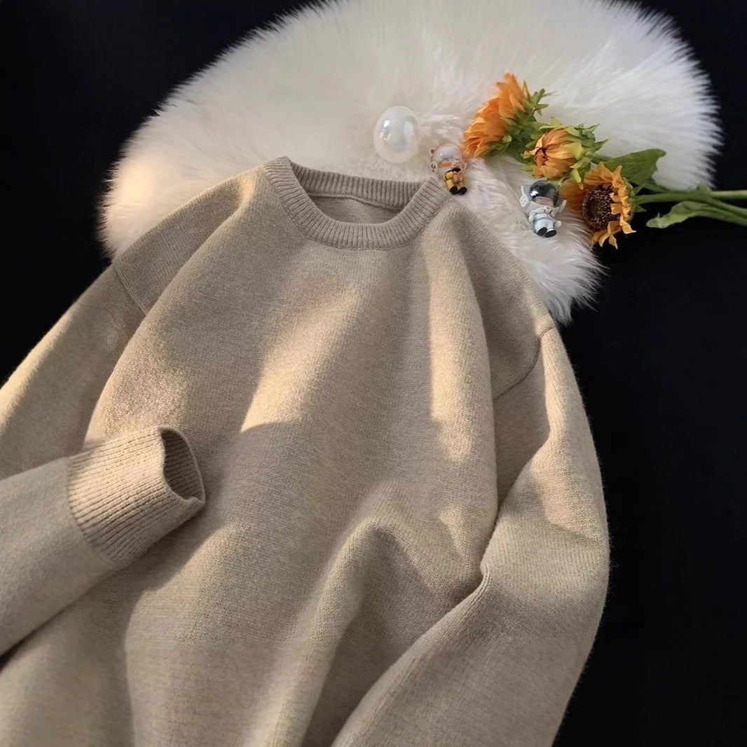 Women's Oversized Sweater with Crew Neckline & Ribbed Cuffs - Flat Lay Sunflowers