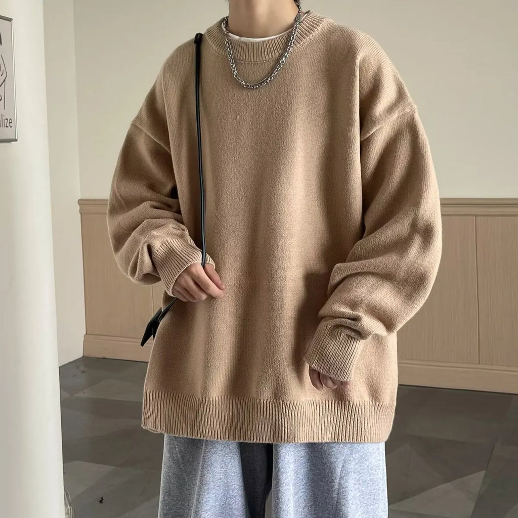 Khaki Women's Oversized Sweater with Crew Neckline & Ribbed Cuffs