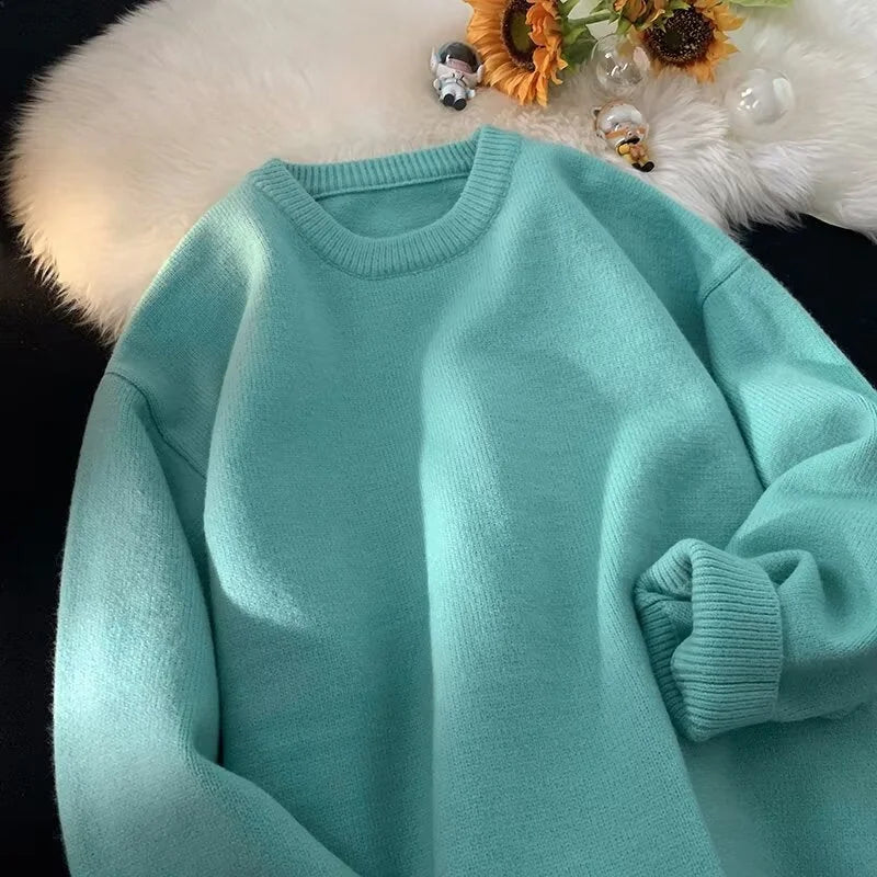 Sea Blue Women's Oversized Sweater with Crew Neckline & Ribbed Cuffs - Flat Lay Sunflowers Mint