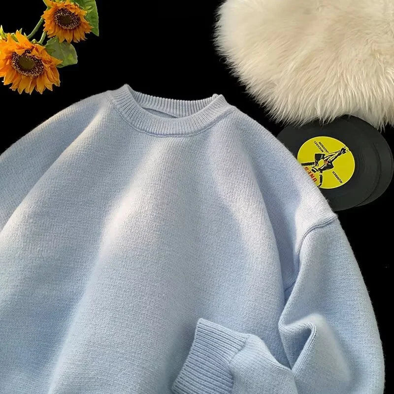 Light Blue Women's Oversized Sweater with Crew Neckline & Ribbed Cuffs