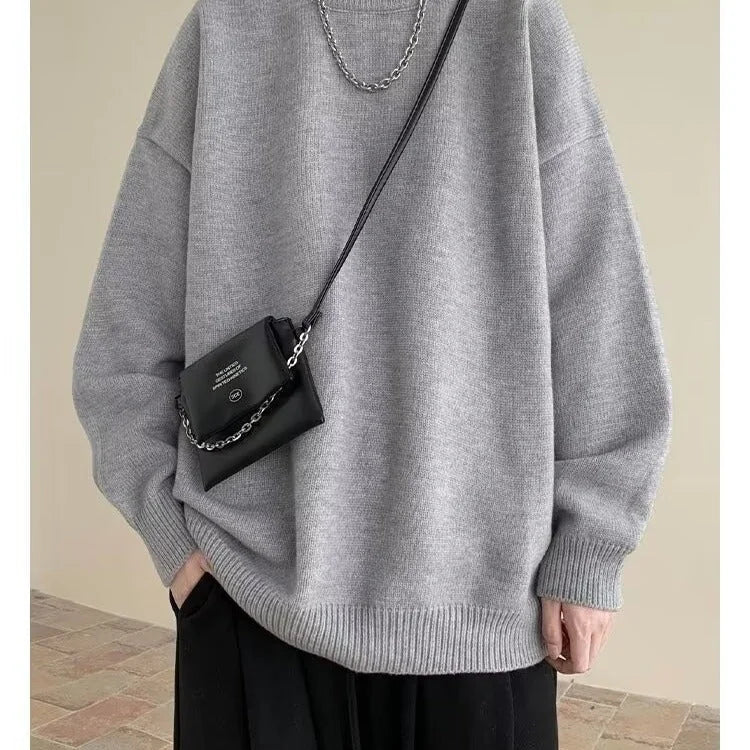 Light Gray Women's Oversized Sweater with Crew Neckline & Ribbed Cuffs - Front Worn Crossbody Bag