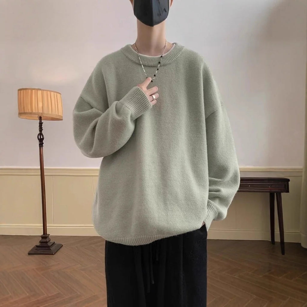 Women's Oversized Sweater with Crew Neckline & Ribbed Cuffs - Front Worn Lifestyle Lamp