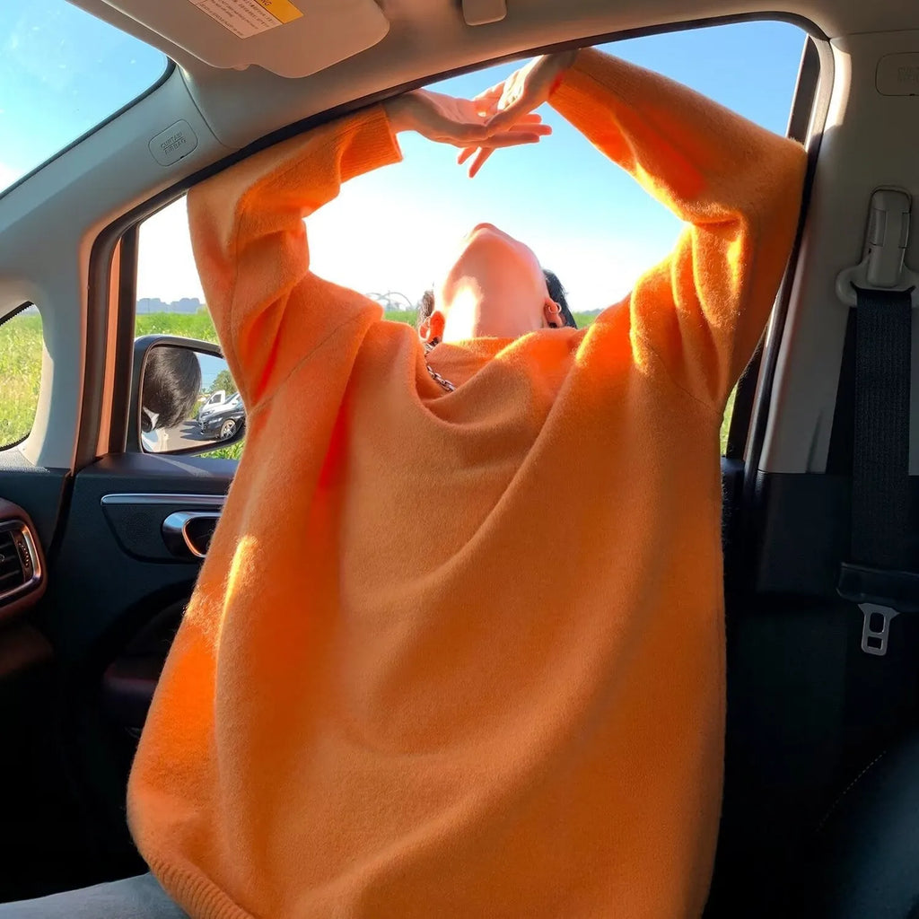 Orange Women's Oversized Sweater with Crew Neckline & Ribbed Cuffs