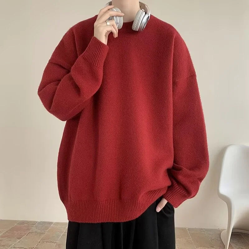 Red Women's Oversized Sweater with Crew Neckline & Ribbed Cuffs