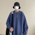 Dark Blue Women's Oversized Sweater with Crew Neckline & Ribbed Cuffs - Front Worn Bucket Hat Bag