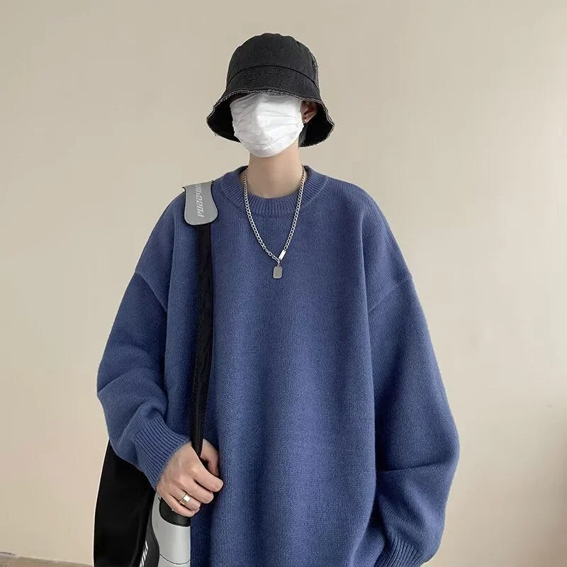 Dark Blue Women's Oversized Sweater with Crew Neckline & Ribbed Cuffs - Front Worn Bucket Hat Bag