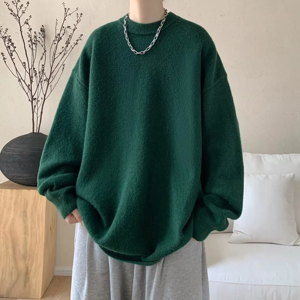 Dark Green Women's Oversized Sweater with Crew Neckline & Ribbed Cuffs