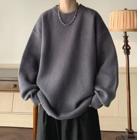 Dark Gray Women's Oversized Sweater with Crew Neckline & Ribbed Cuffs