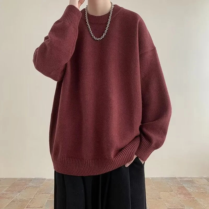 Wine Red Women's Oversized Sweater with Crew Neckline & Ribbed Cuffs