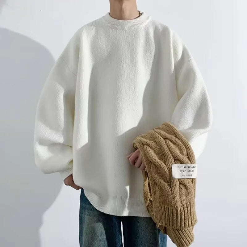 White Women's Oversized Sweater with Crew Neckline & Ribbed Cuffs