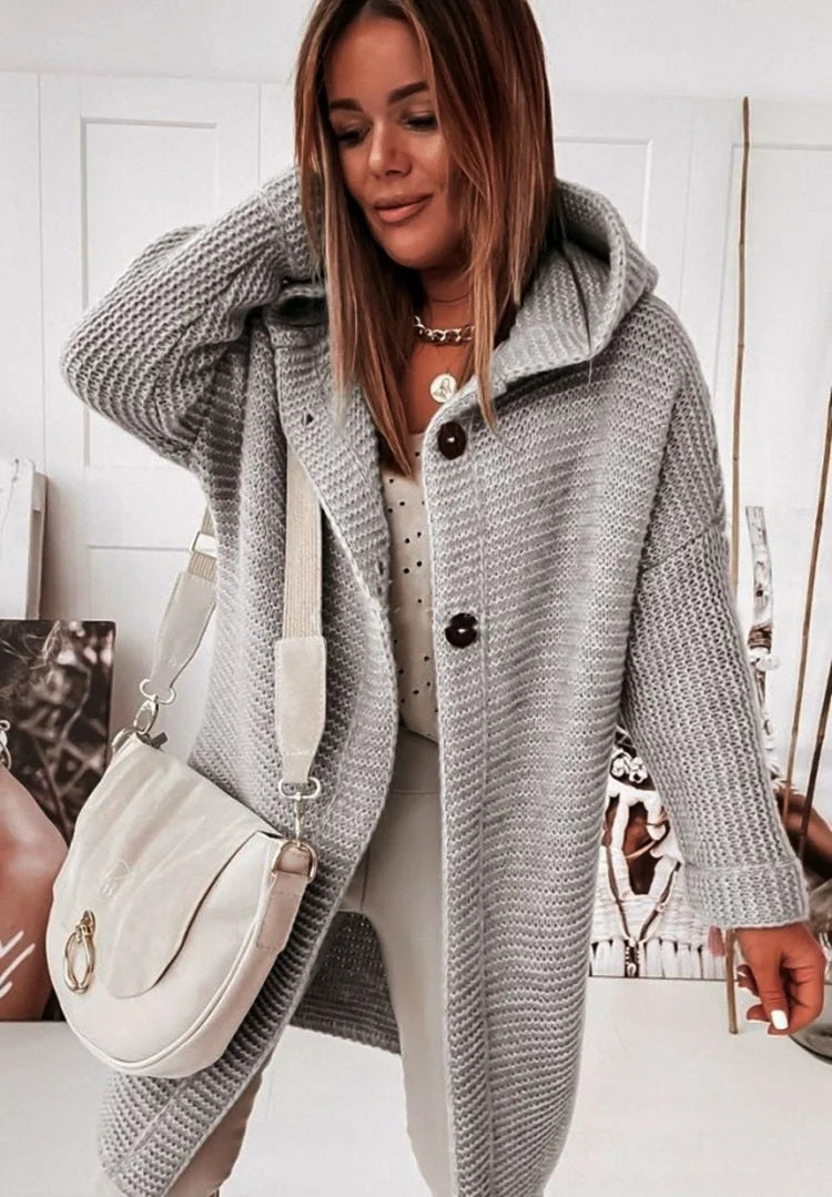 Grey Women's Hooded Cardigan with Ribbed Knit Trim & Button-Front Closure — Delaney