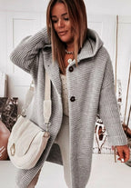 Grey Women's Hooded Cardigan with Ribbed Knit Trim & Button-Front Closure — Delaney