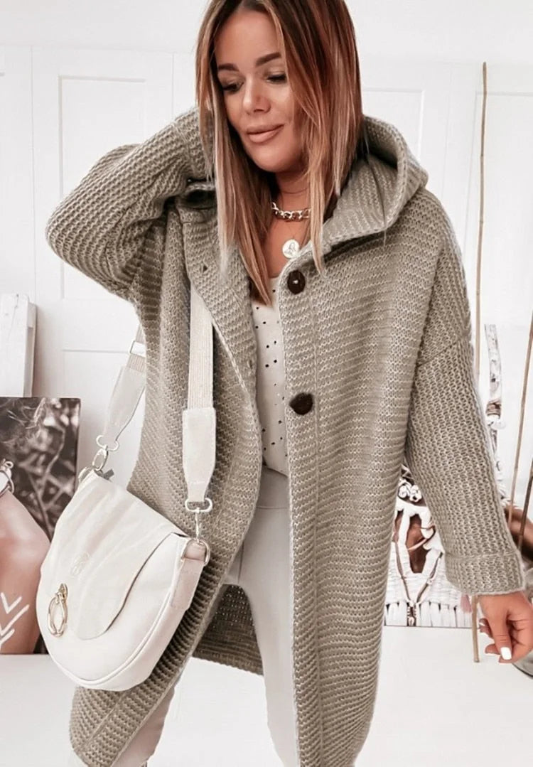 Khaki Women's Hooded Cardigan with Ribbed Knit Trim & Button-Front Closure