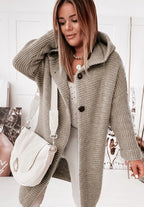 Khaki Women's Hooded Cardigan with Ribbed Knit Trim & Button-Front Closure