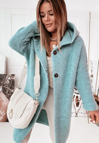 Mint Green Women's Hooded Cardigan with Ribbed Knit Trim & Button-Front Closure - Close Up Pose