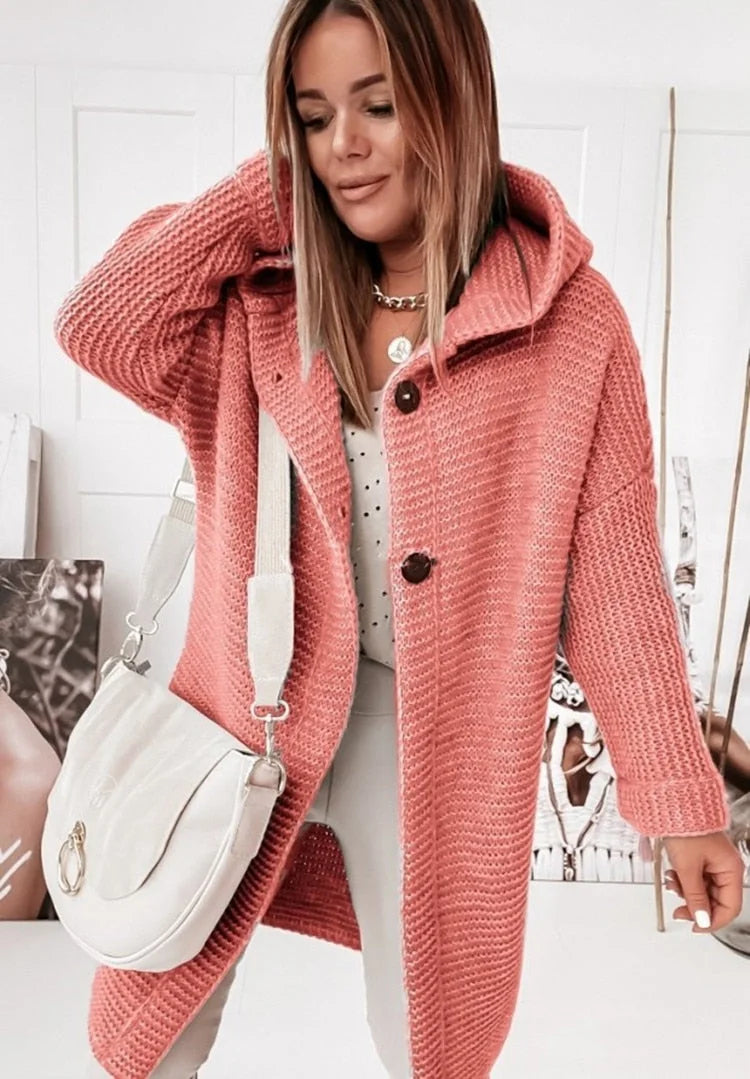 Orange Women's Hooded Cardigan with Ribbed Knit Trim & Button-Front Closure