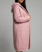Women's Hooded Cardigan with Ribbed Knit Trim & Button-Front Closure - Side Detail
