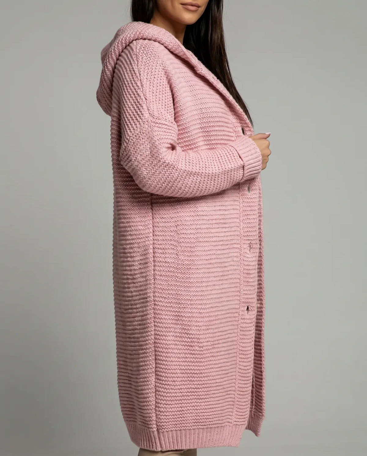Women's Hooded Cardigan with Ribbed Knit Trim & Button-Front Closure - Side Detail