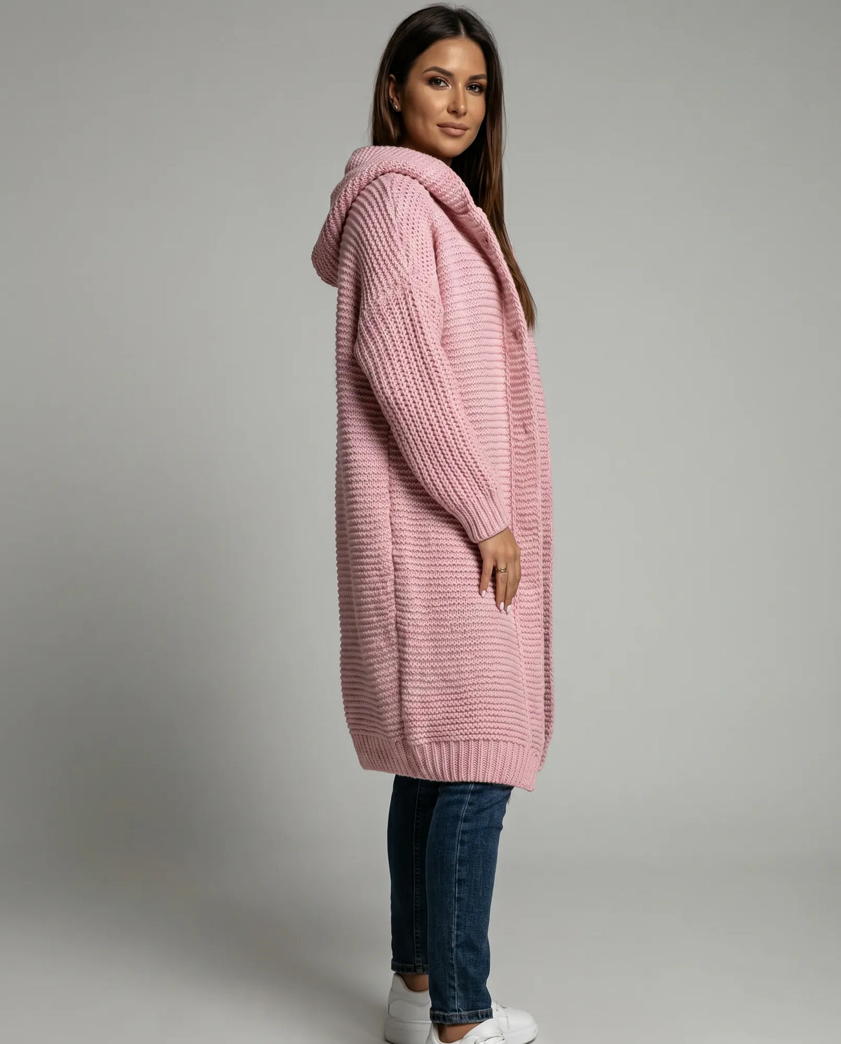 Women's Hooded Cardigan with Ribbed Knit Trim & Button-Front Closure - Side Full